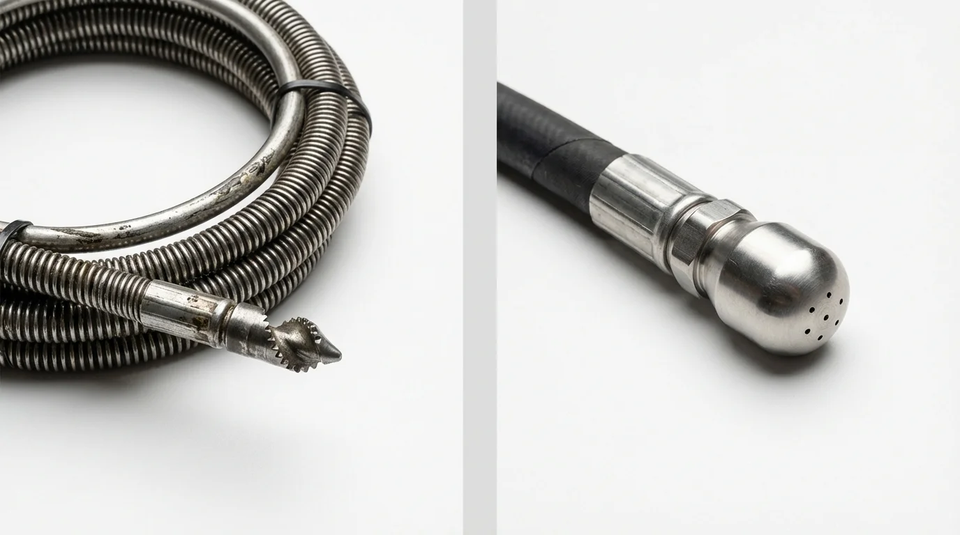 Drain snake cable and hydro jetting nozzle used for drain cleaning in Belmont, MA