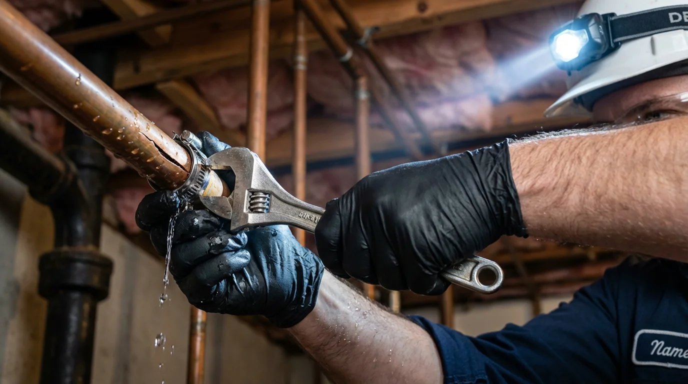 Emergency pipe clamp repair being performed by a Johns Plumbing LLC plumber in Belmont