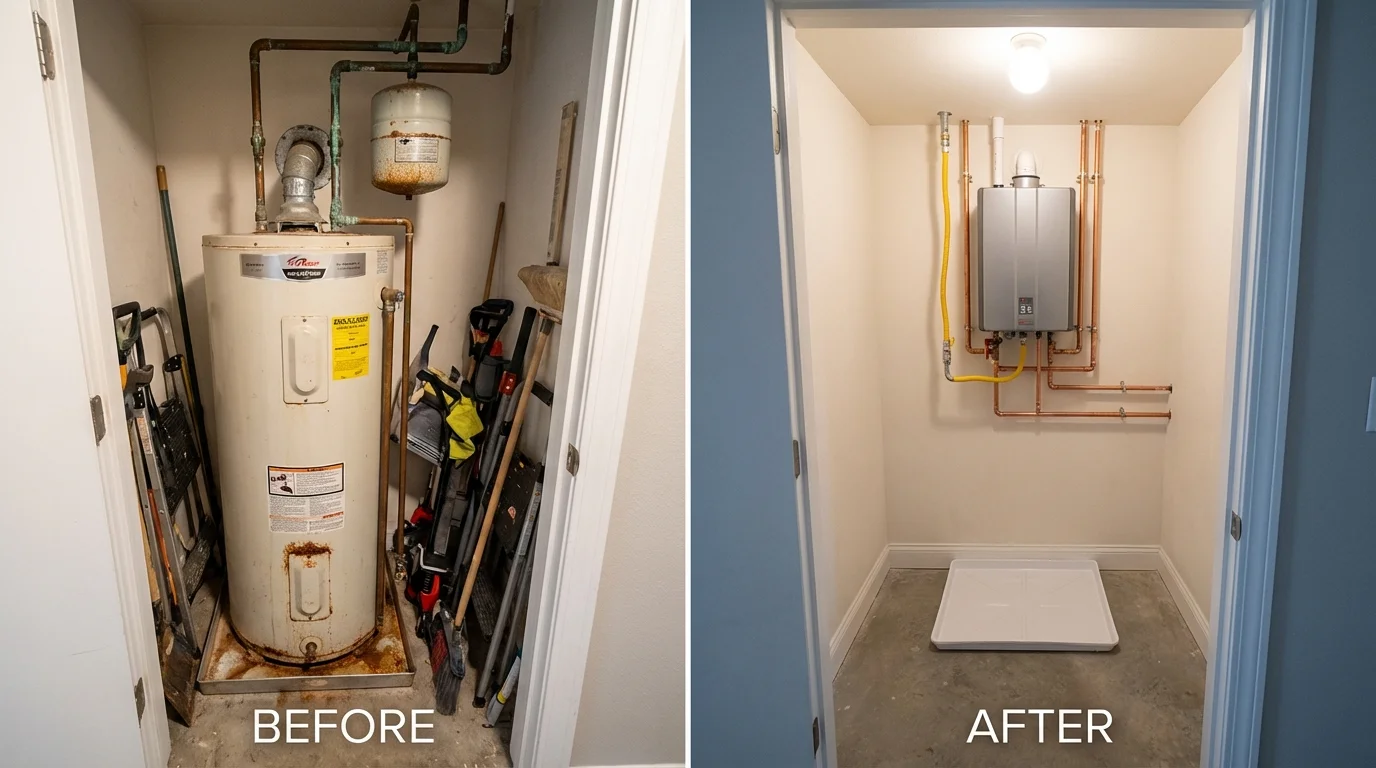 Tank water heater versus wall-mounted tankless unit comparison for Belmont, MA homeowners