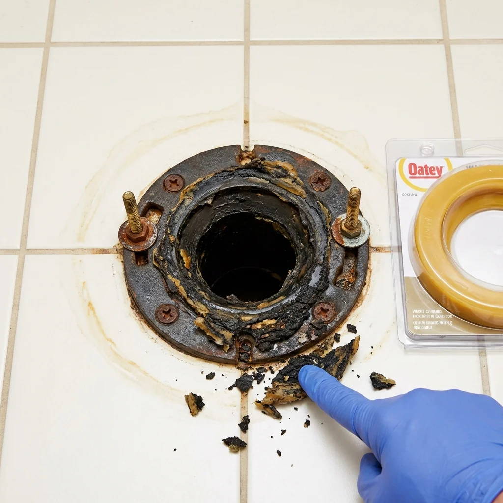 Failed wax ring showing water seepage at the base of a toilet in a Belmont, MA home