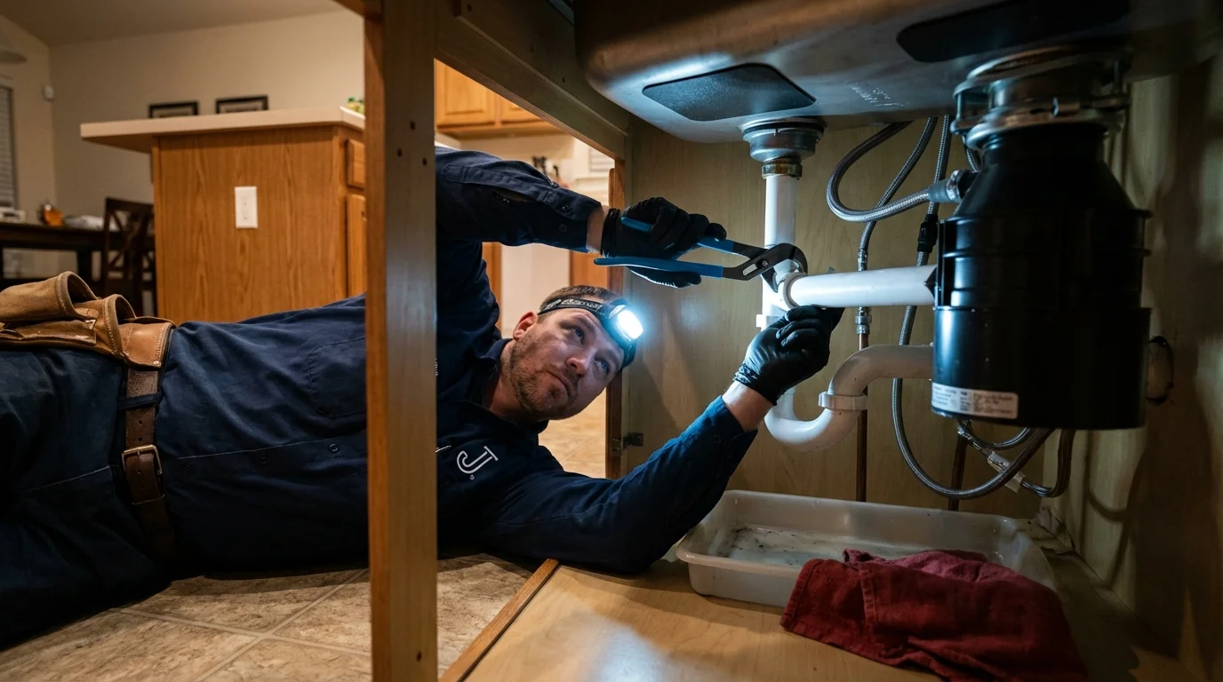 P-trap and supply line connections under a kitchen sink showing a common leak point in Belmont, MA